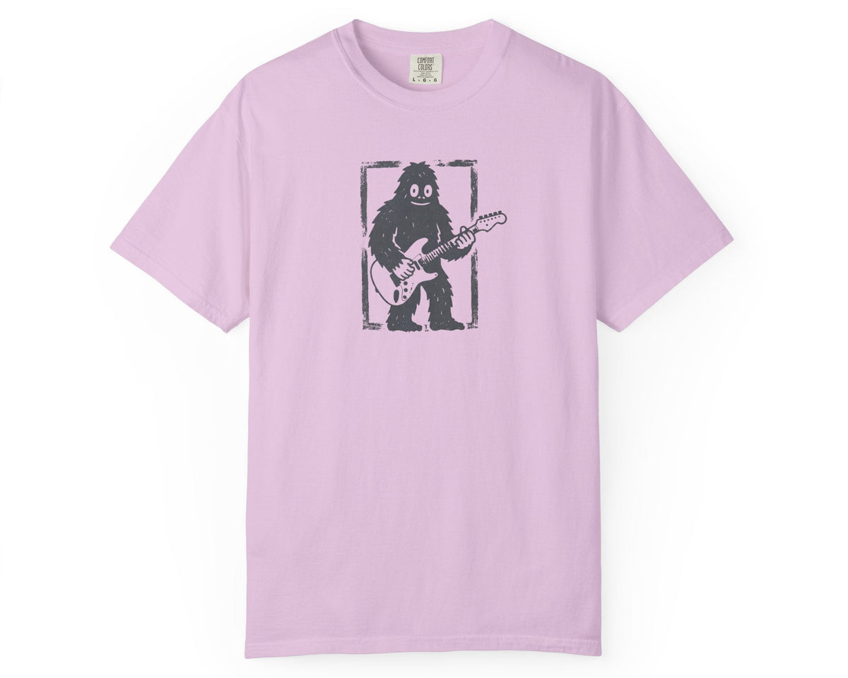 Orchid garment-dyed Bigfoot guitar graphic tee, heavyweight ring-spun cotton vintage band shirt