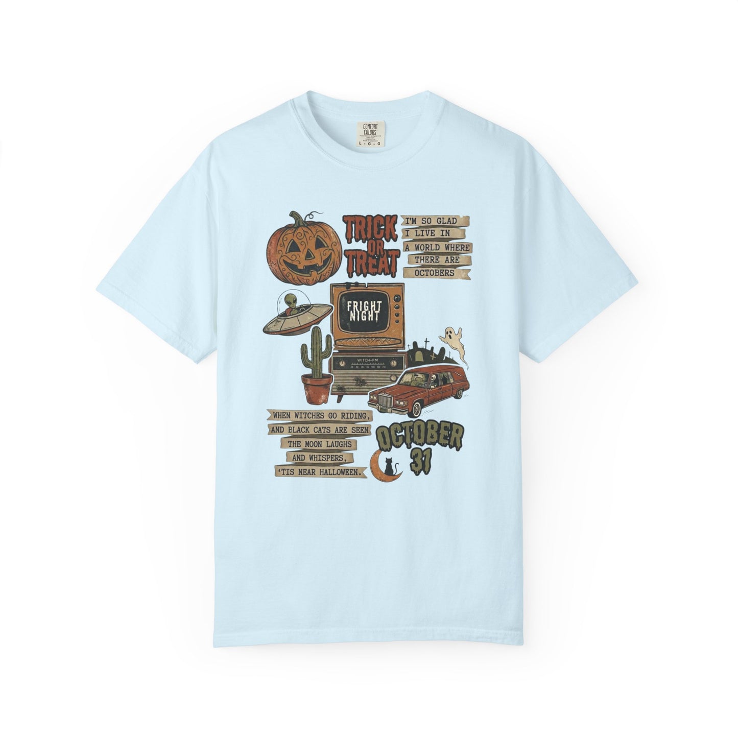 Halloween Retro Graphic T-Shirt in Chambray — vintage trick or treat collage tee, garment dyed