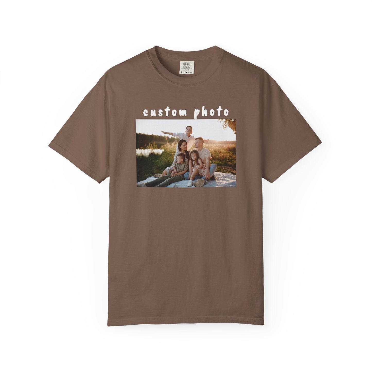 espresso t-shirt with a printed family photo on a white background