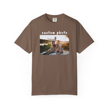 espresso t-shirt with a printed family photo on a white background