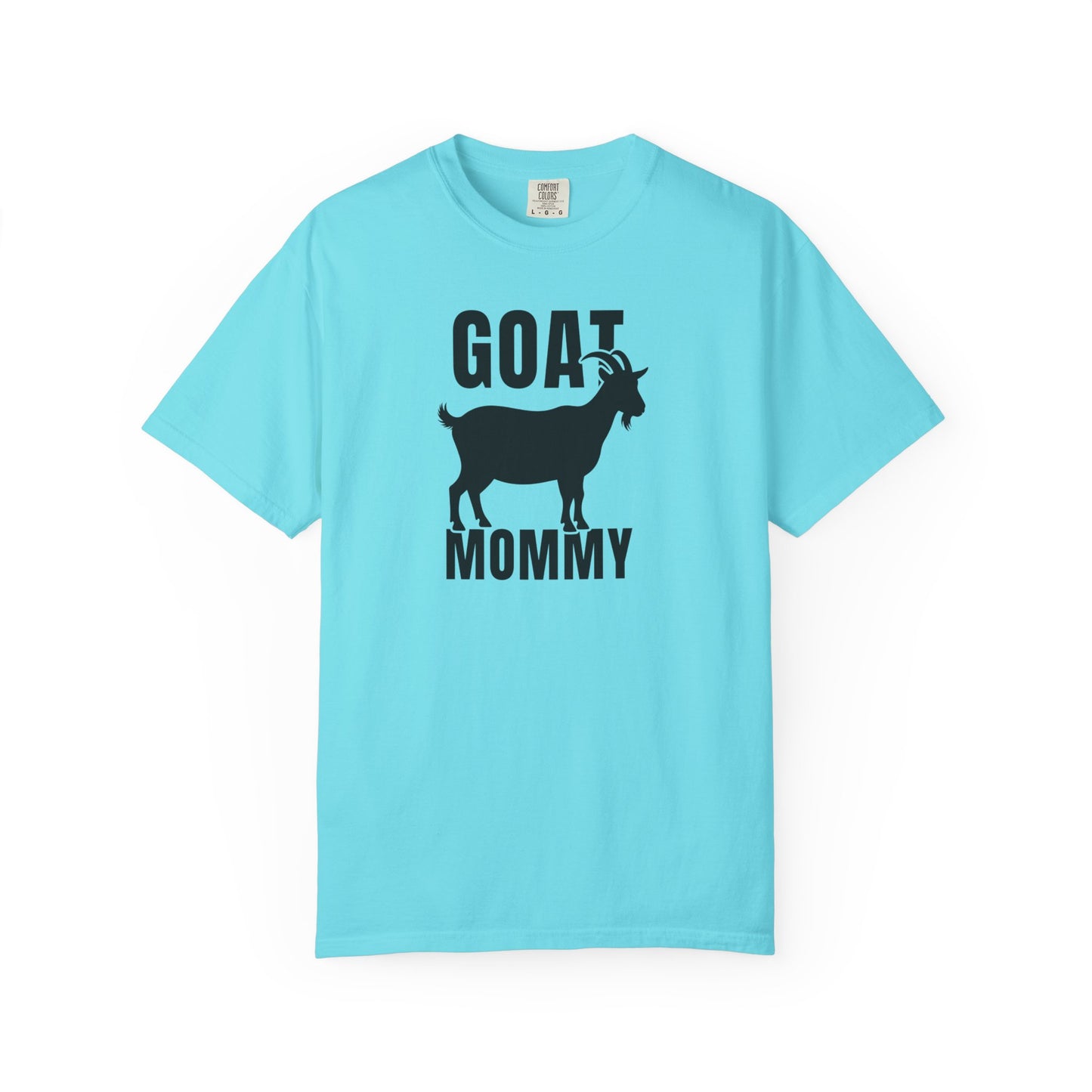 Goat Mommy funny goat mom graphic tee in Lagoon Blue— Comfort Colors garment-dyed farm mom shirt