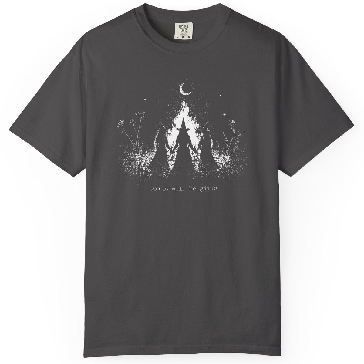 Girls Will Be Girls witch graphic tee in Graphite — coven of witches around a campfire with crescent moon, feminist occult design front and back design 