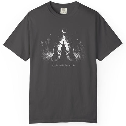 Girls Will Be Girls witch graphic tee in Graphite — coven of witches around a campfire with crescent moon, feminist occult design front and back design 