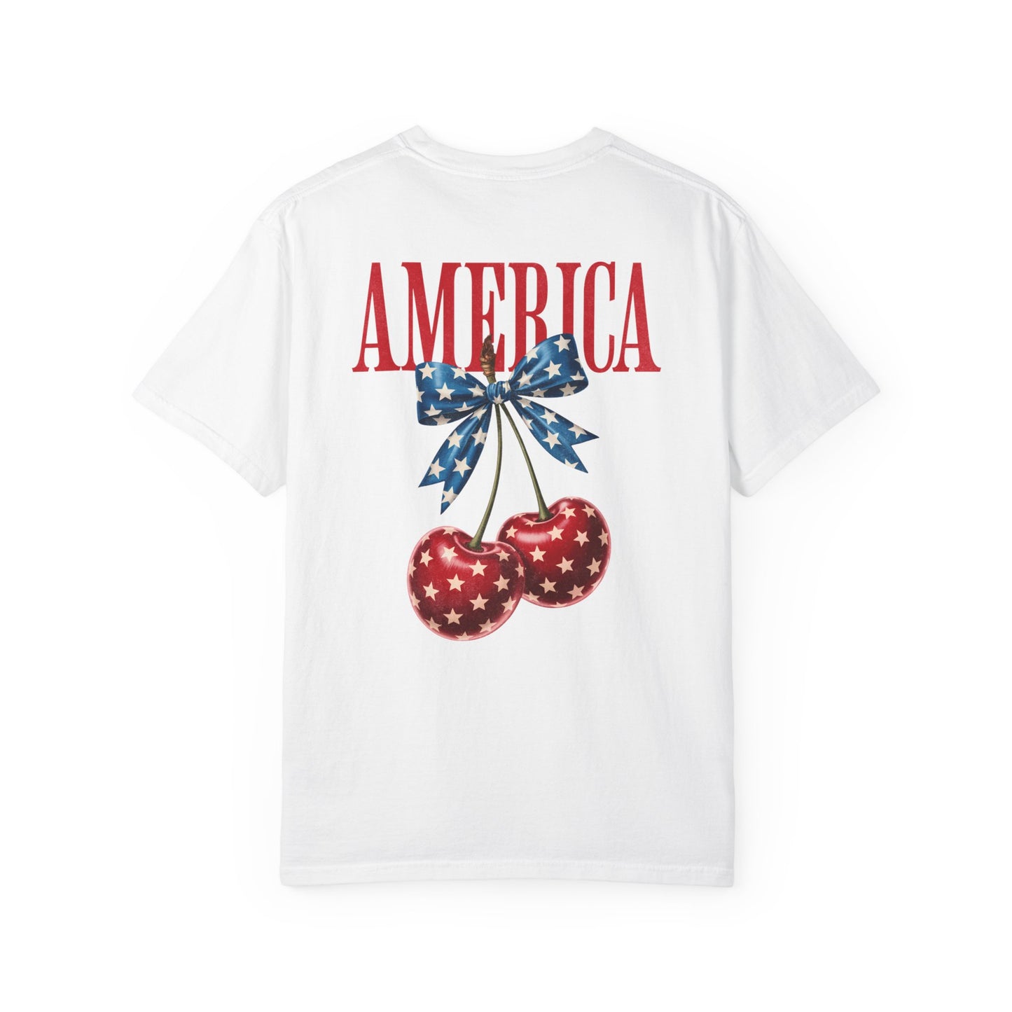 White t-shirt with 'AMERICA' text and cherry design on a white background