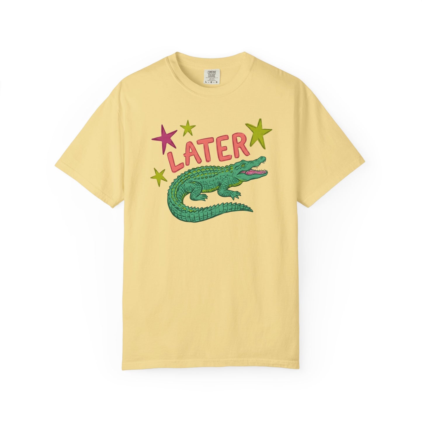 butter t-shirts with alligator graphics on front "later gator" and the text on back i"n a while crocodile"a plain background
