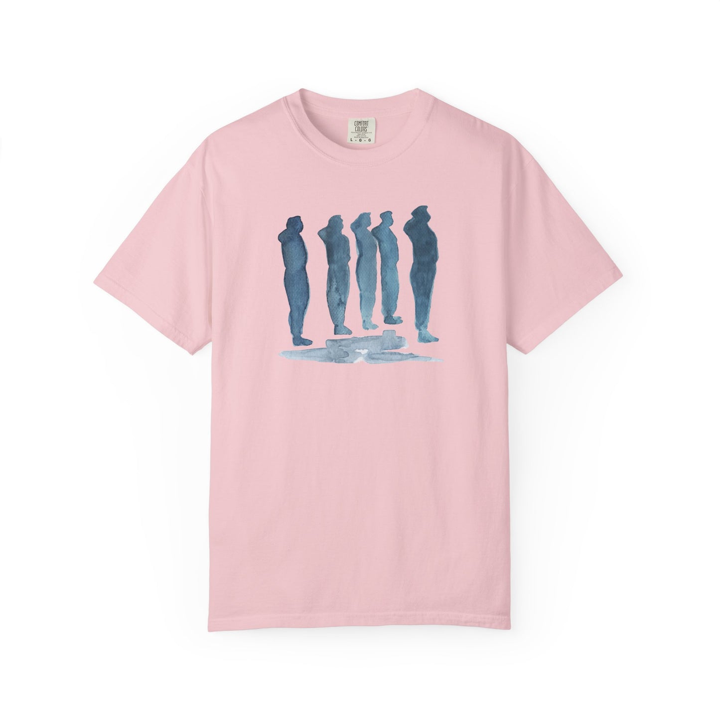 blossom t-shirt with blue graphic design  of soldiers and a flag on front and back 