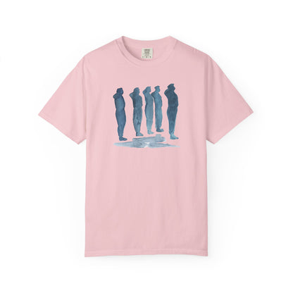 blossom t-shirt with blue graphic design  of soldiers and a flag on front and back 