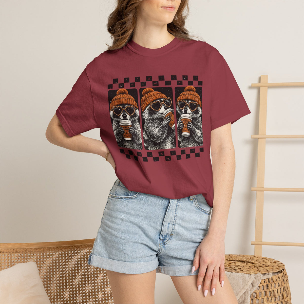 Chili raccoon pumpkin spice coffee t-shirt — retro beanie raccoon checkerboard graphic fall tee