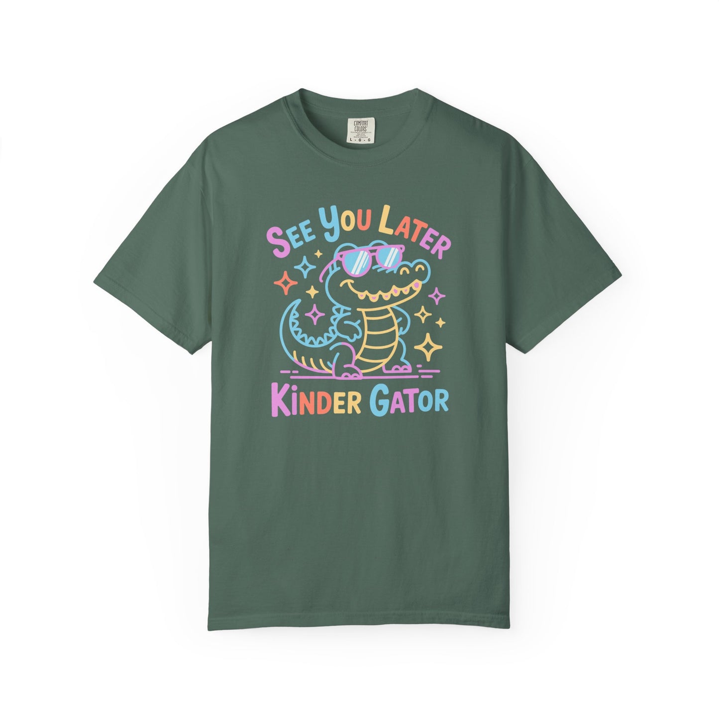 moss t-shirt with a cartoon alligator and text on a white background