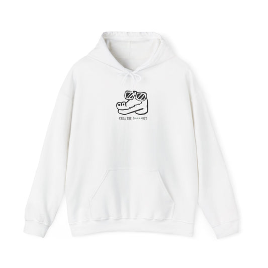 White hoodie with a crocodile design on a white background