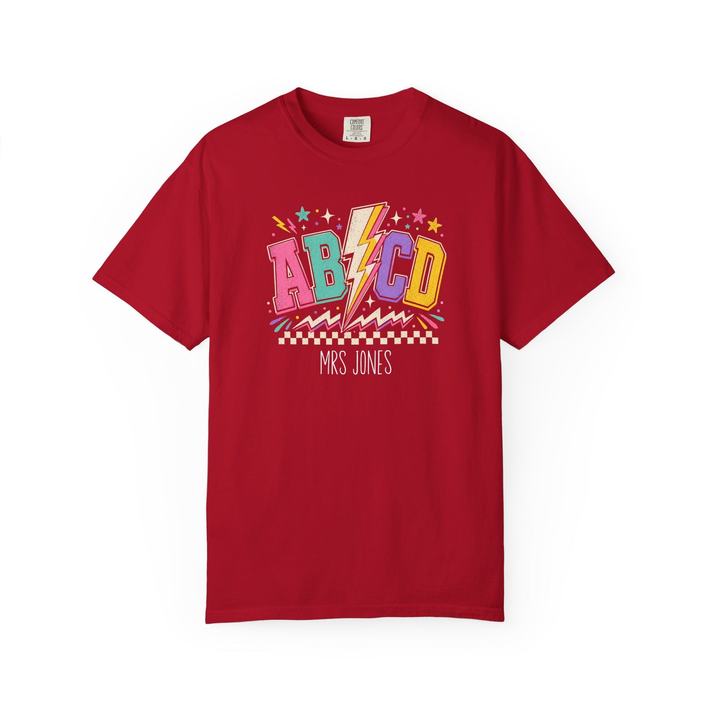 Red t-shirt with colorful 'AB CD' design and 'MRS JONES' text on a white background