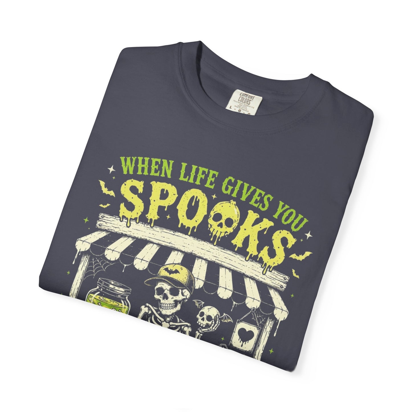 Halloween Skeleton Stand graphic tee in Navy — goth skeleton t-shirt with "When Life Gives You Spooks" design