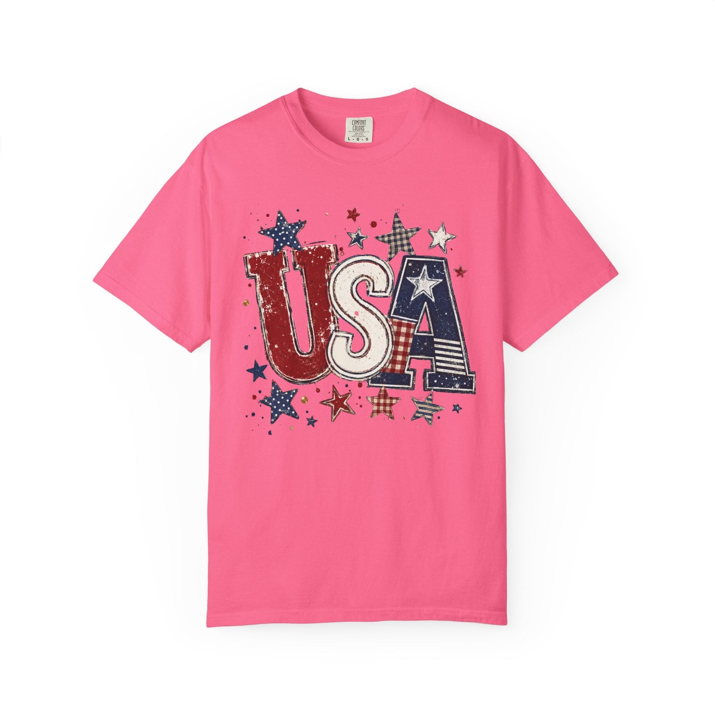 USA Patriotic graphic t-shirt in crunchberry— garment-dyed unisex tee with distressed stars and stripes

