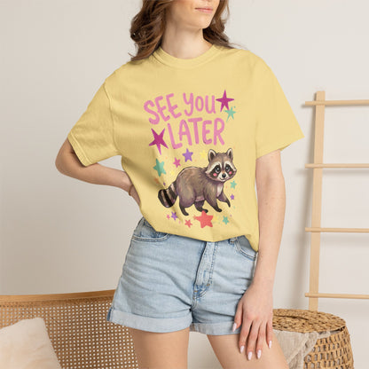 butter t-shirt with raccoon graphic and 'See You Later' text on the front with cute raccoon and cute raccoon on back of shirt on a white background
