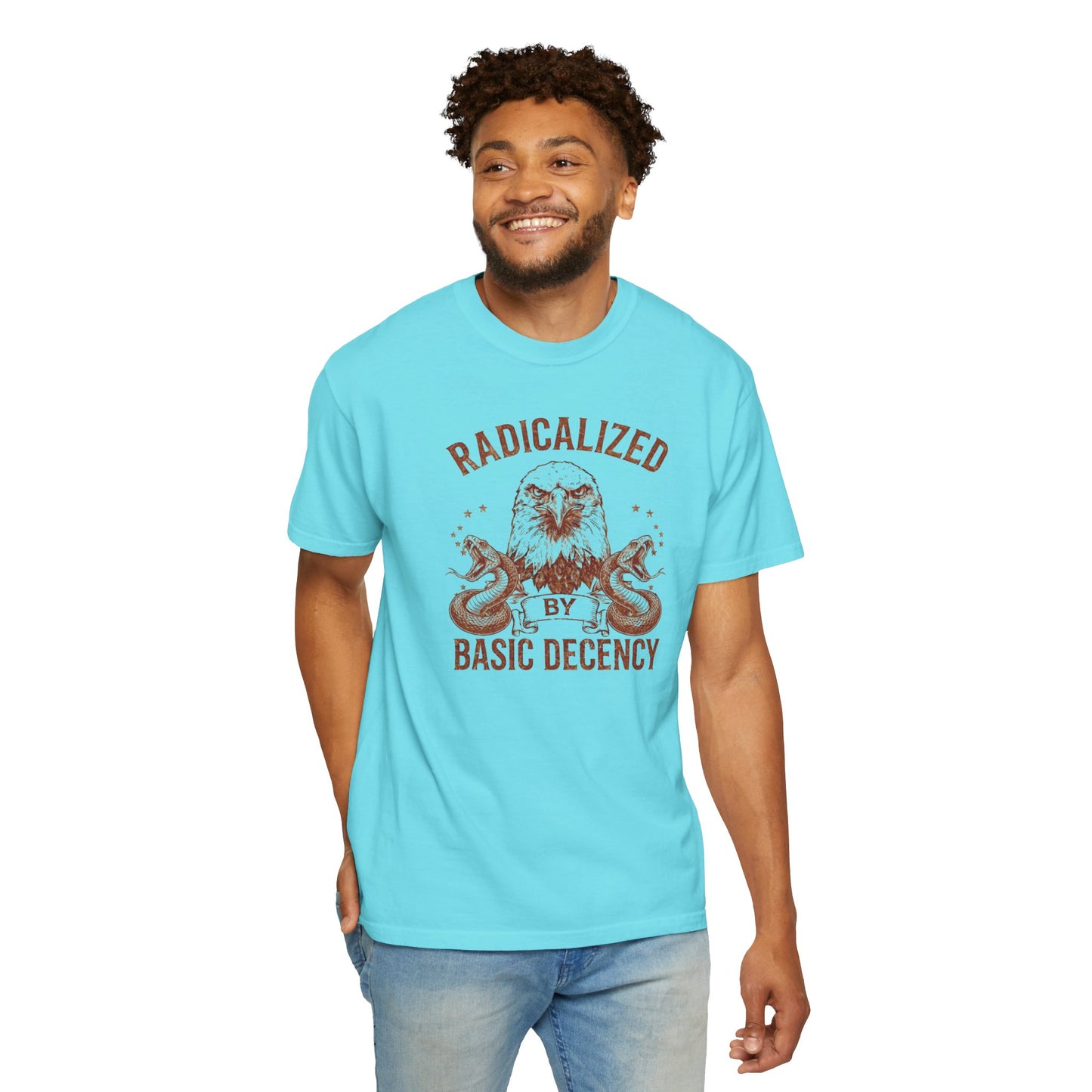 Radicalized by Basic Decency Sapphire garment-dyed graphic tee — eagle and snake vintage design, Comfort Colors 1717