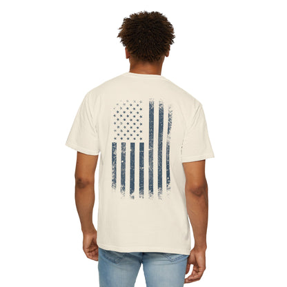 Person wearing an ivory t-shirt with an American flag design on the back, standing against a white background.