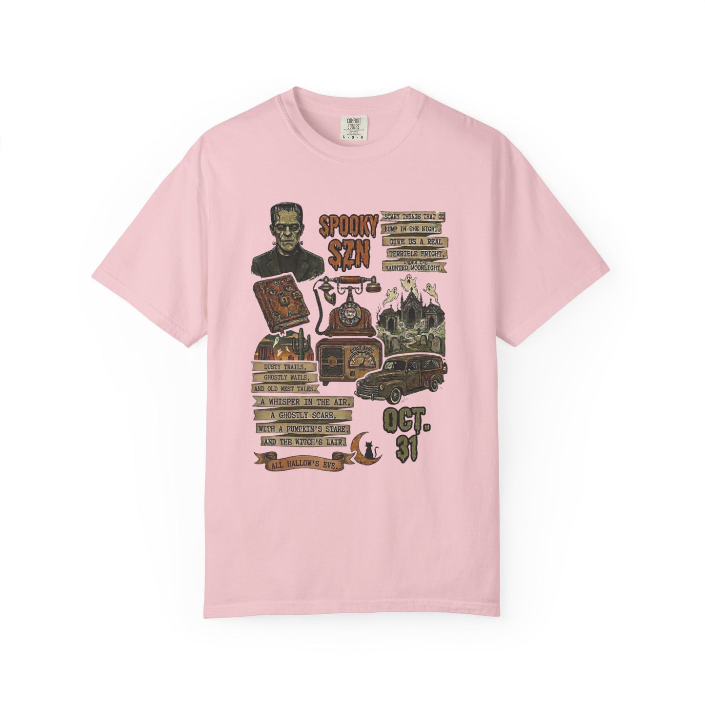 Spooky Season Graphic T-Shirt in Blossom — vintage Halloween haunted carnival tee, garment dyed