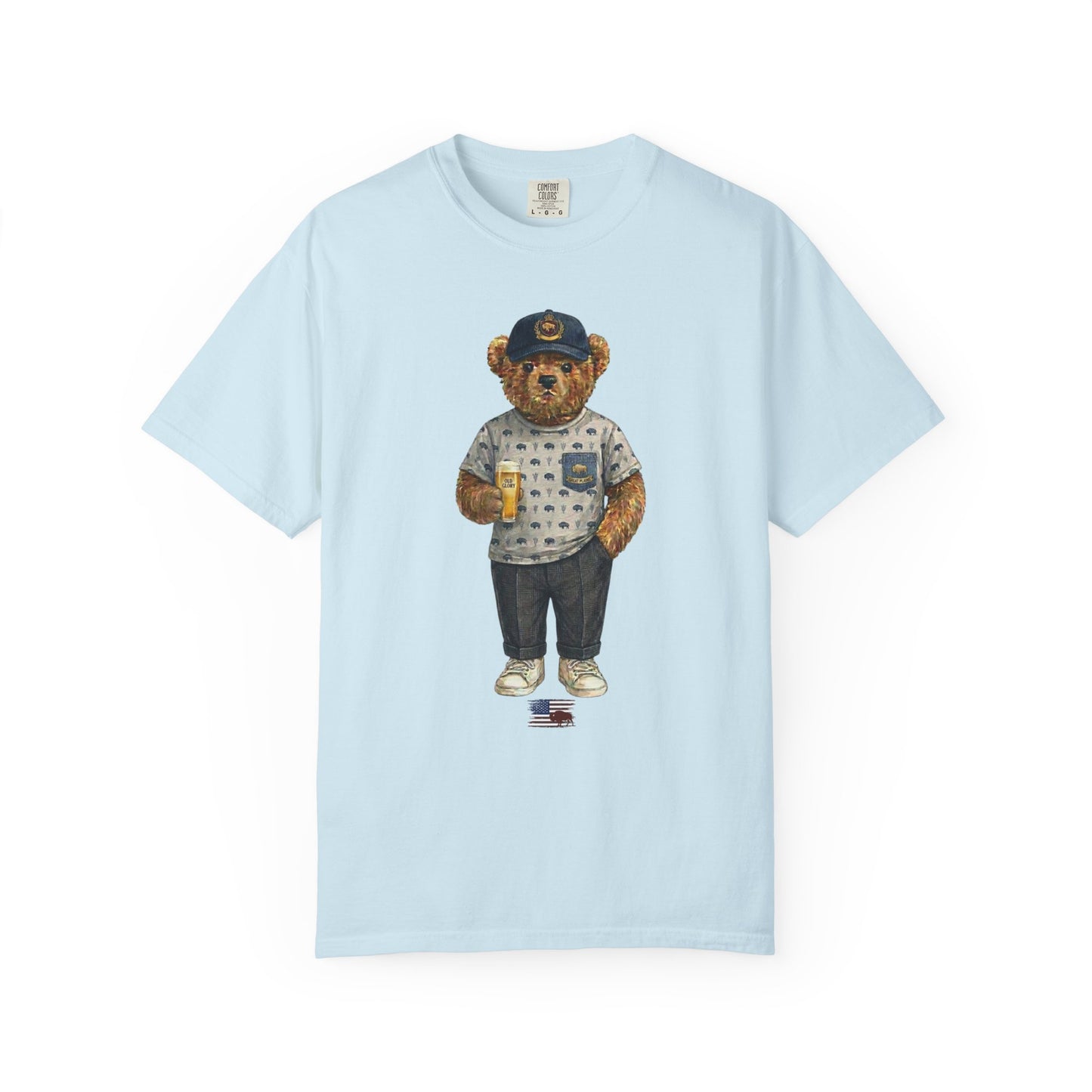 chambray t-shirt with a bear graphic holding a mug on a white background