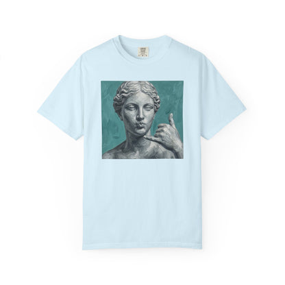 Classical Statue Call Me t-shirt in chambray — funny art shirt garment-dyed cotton
