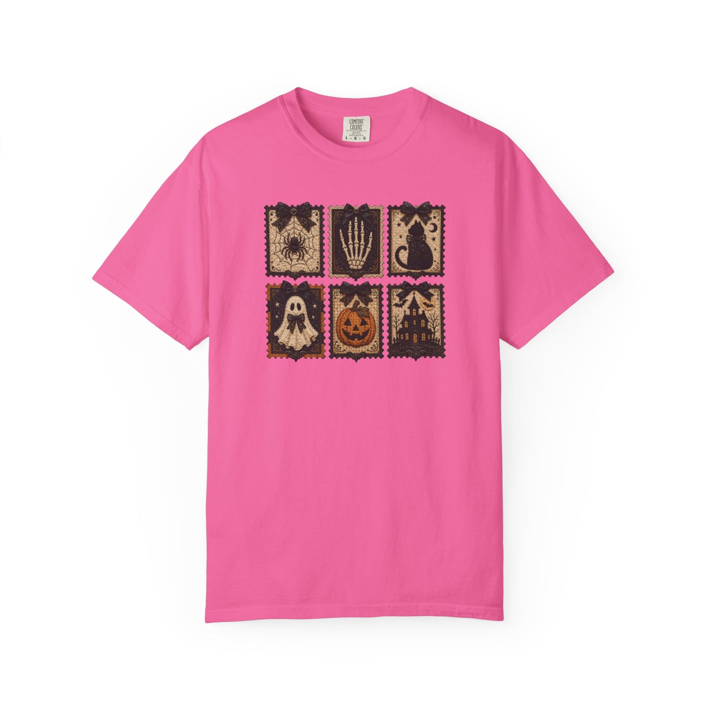 Vintage Halloween Faux Patchwork T-Shirt — Spooky Stamp Graphic Tee