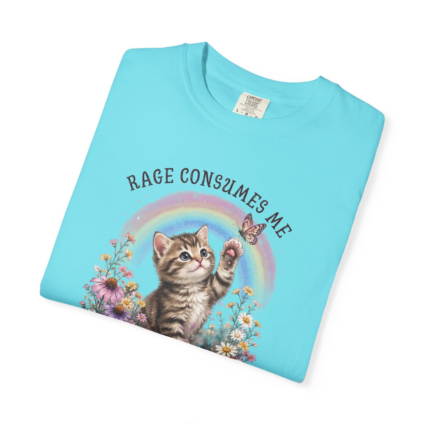 Rage Consumes Me funny cat graphic tee in Lagoon Blue — Comfort Colors garment-dyed shirt with floral kitten design