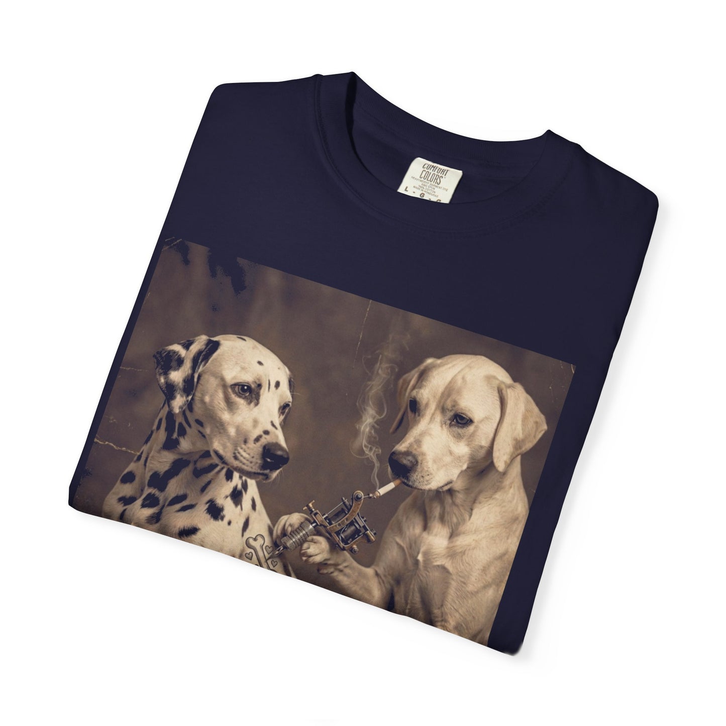Comfort Colors retro Dalmatian tattoo artist t-shirt in True Navy — funny dog meme graphic tee flat lay