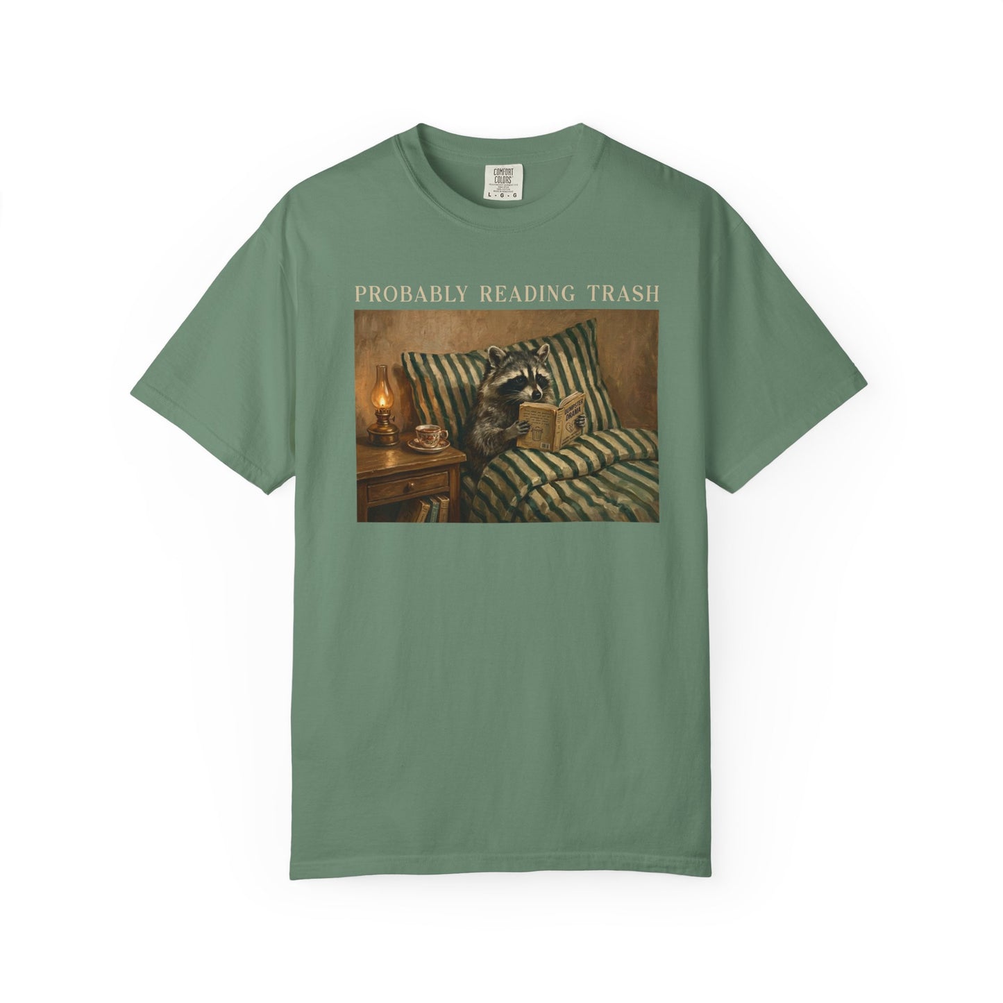 Raccoon Probably Reading Trash T-Shirt in Light Green – Funny Bookish Graphic Tee
