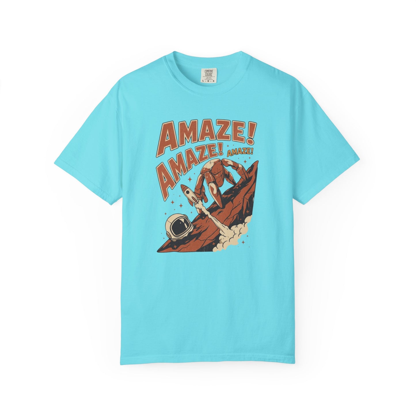 Amaze Rocky Comfort Colors Shirt in Lagoon Blue – sci-fi graphic tee, soft garment-dyed unisex fit