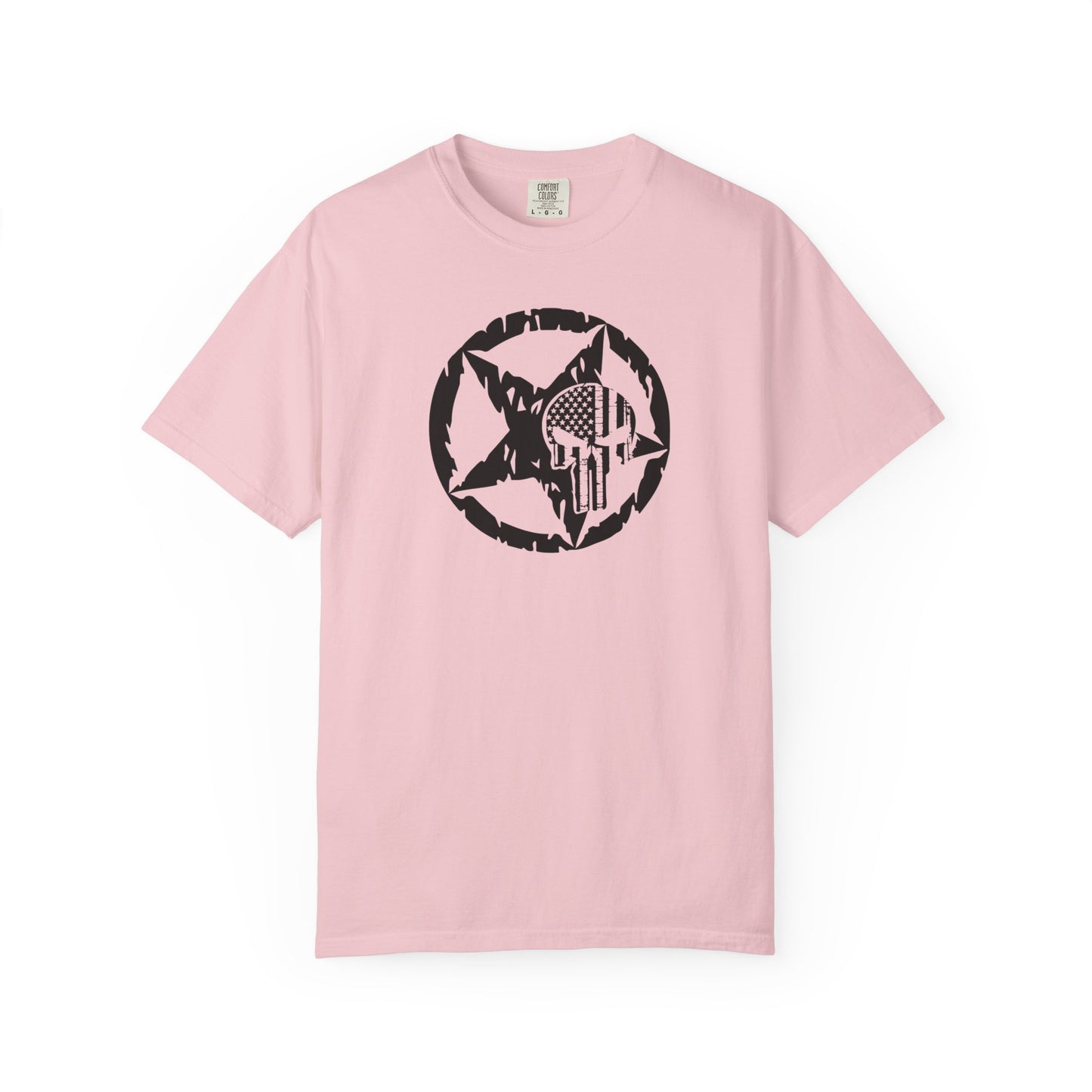 blossom t-shirt with white star and circle design on front, and Punisher skull design on back