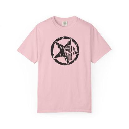 blossom t-shirt with white star and circle design on front, and Punisher skull design on back