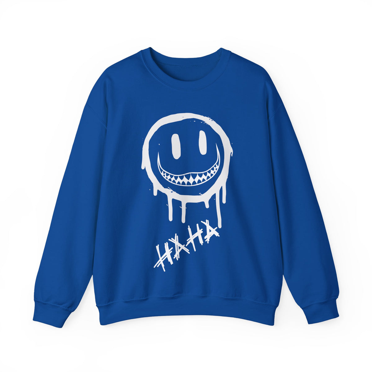 A royal blue crewneck sweatshirt featuring a white dripping smiley face graphic with sharp teeth and the word 'HAHA' written below it, displayed on a clean white background.