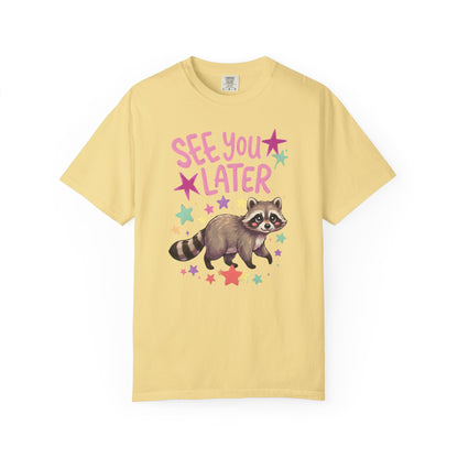 butter t-shirt with raccoon graphic and 'See You Later' text on the front with cute raccoon and cute raccoon on back of shirt on a white background