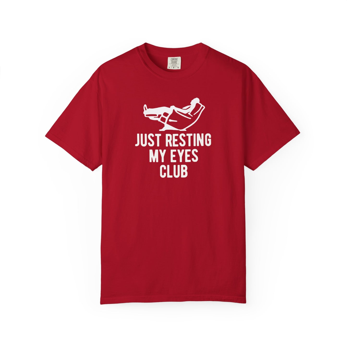 Just Resting My Eyes Club T-shirt in Red — funny garment-dyed graphic tee