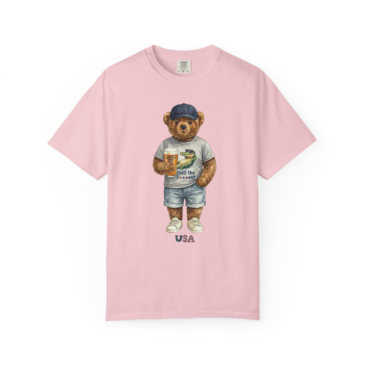 blossom t-shirt with a bear graphic holding a coffee cup on a white background
