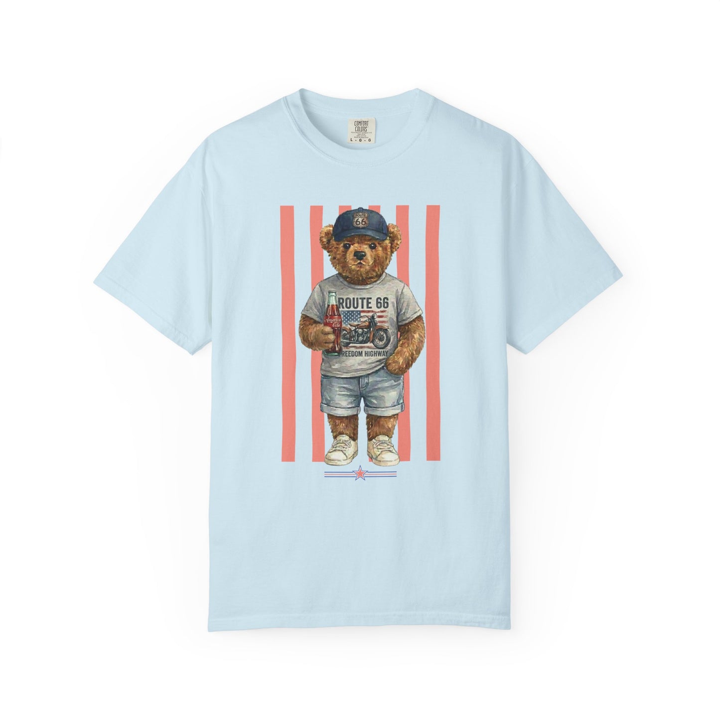 chambray  t-shirt with a bear graphic holding a soda bottle on a white background