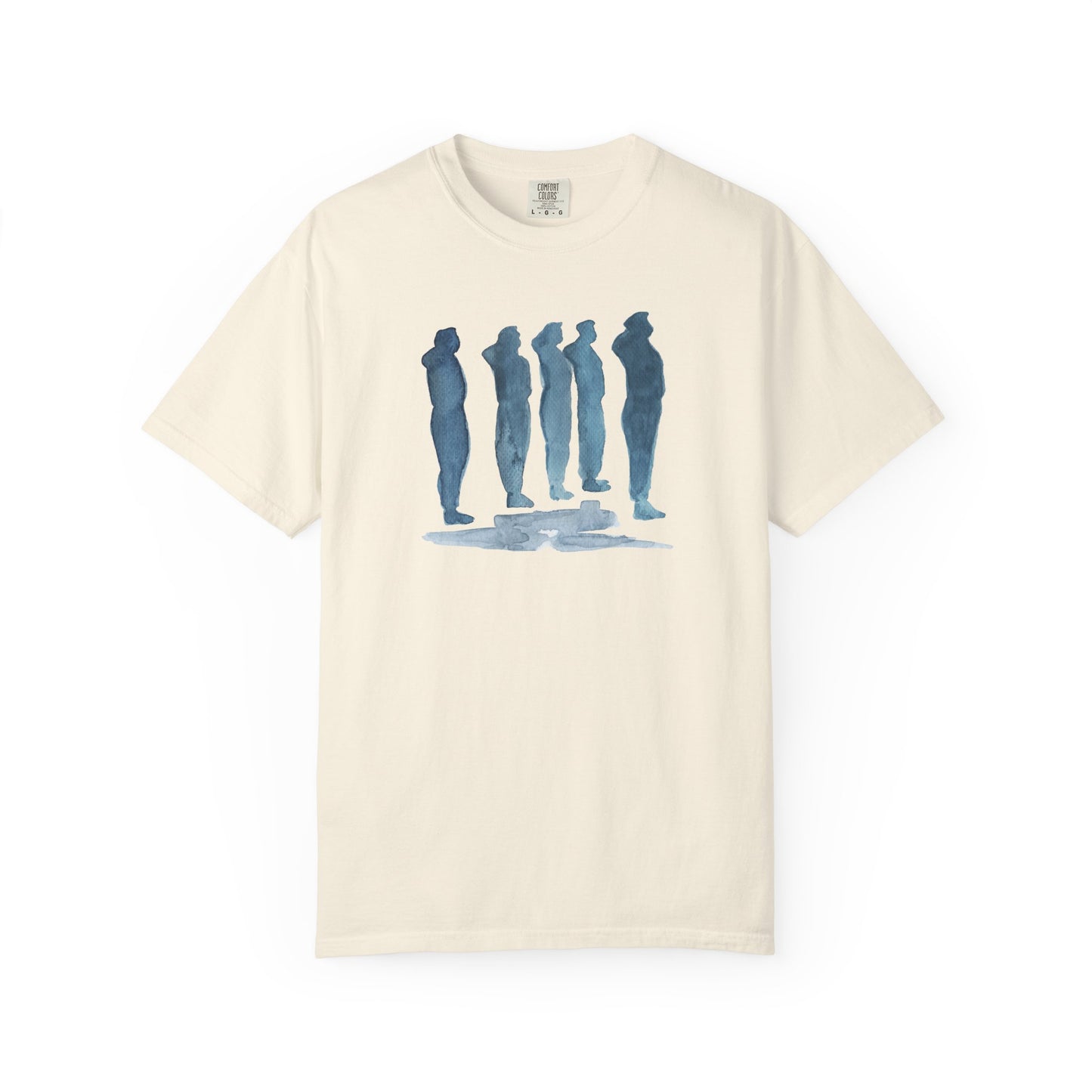ivory t-shirt with blue graphic design  of soldiers and a flag on front and back 