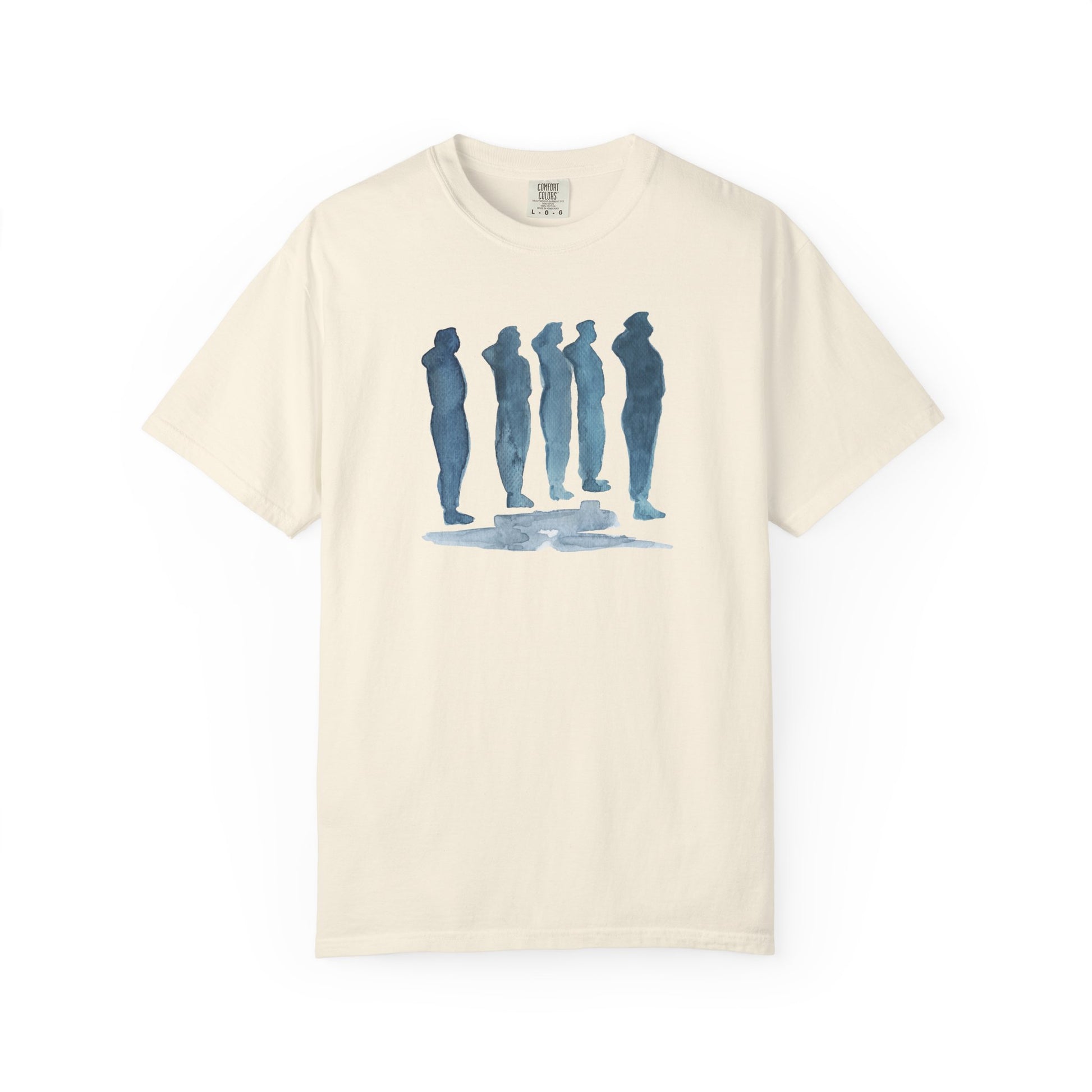 ivory t-shirt with blue graphic design  of soldiers and a flag on front and back 