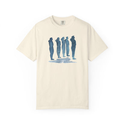 ivory t-shirt with blue graphic design  of soldiers and a flag on front and back 