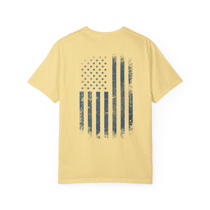 banana t-shirt with blue graphic design  of soldiers and a flag on front and back 