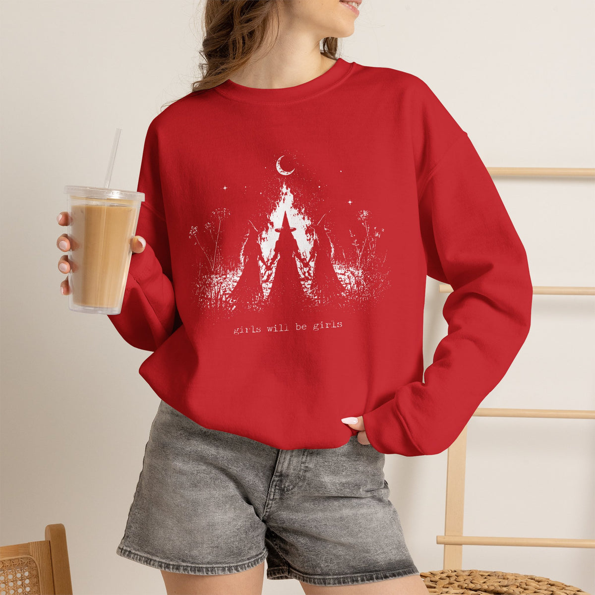Girls Will Be Girls witch coven campfire crewneck sweatshirt in RED — feminist Halloween graphic sweatshirt