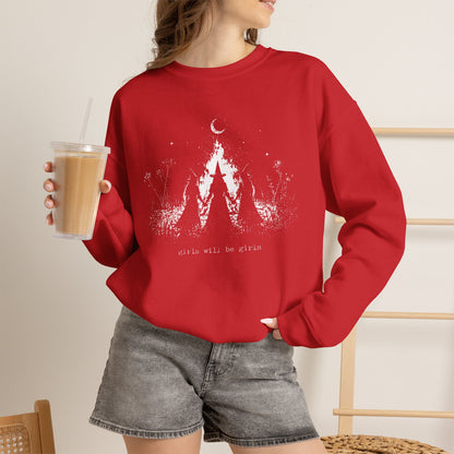 Girls Will Be Girls witch coven campfire crewneck sweatshirt in RED — feminist Halloween graphic sweatshirt