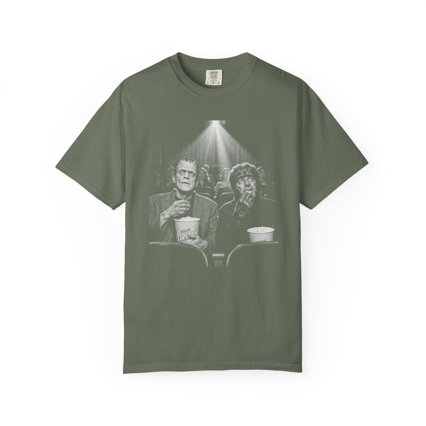 Frankenstein & Wolf Man Scary Movie Night T-Shirt in Moss — garment-dyed horror movie tee

