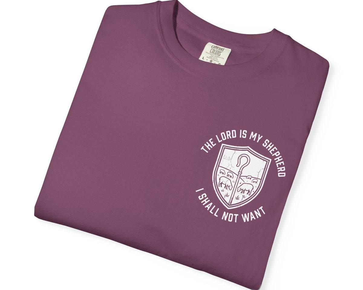 Berry Psalm 23:1 faith shirt with shepherd graphic design and scripture text shown on model