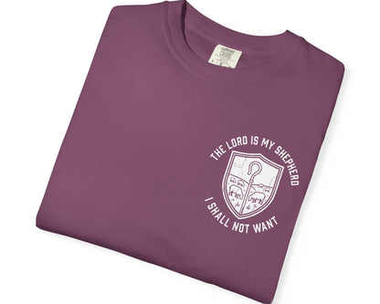 Berry Psalm 23:1 faith shirt with shepherd graphic design and scripture text shown on model