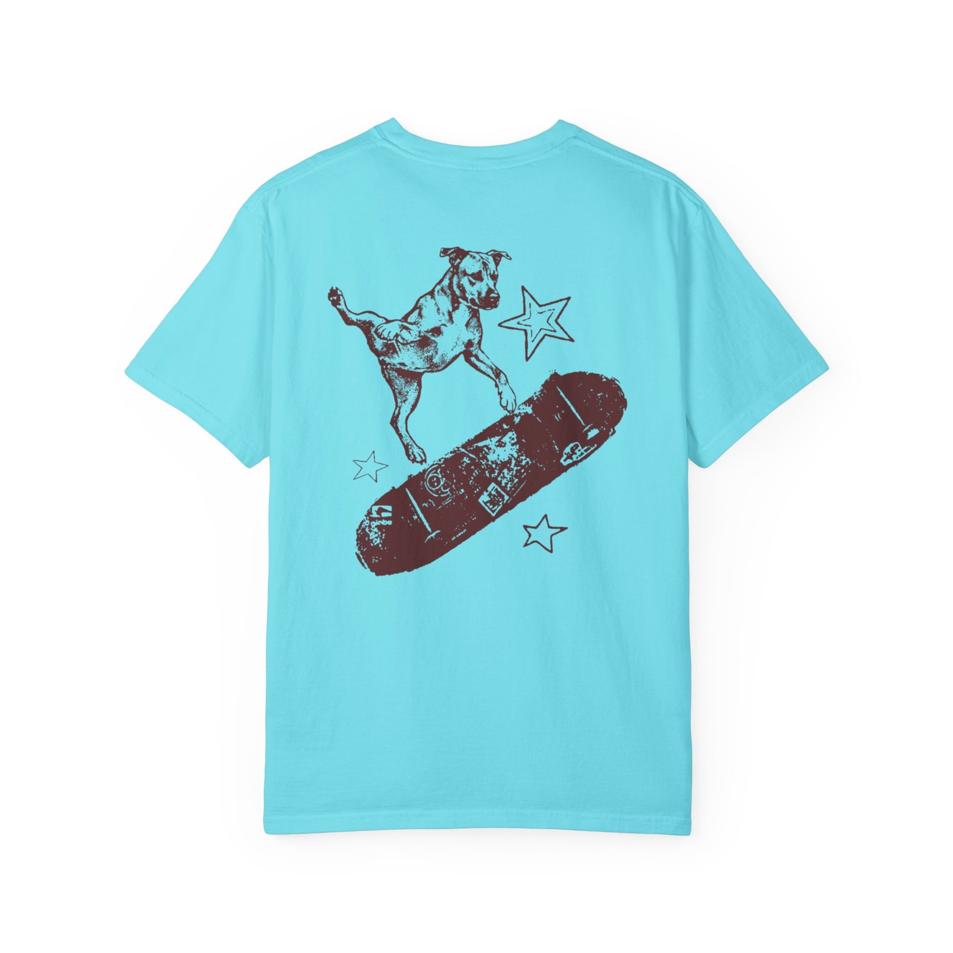 Lagoon blue
 t-shirt with a graphic of a dog on a skateboard and stars on a white background