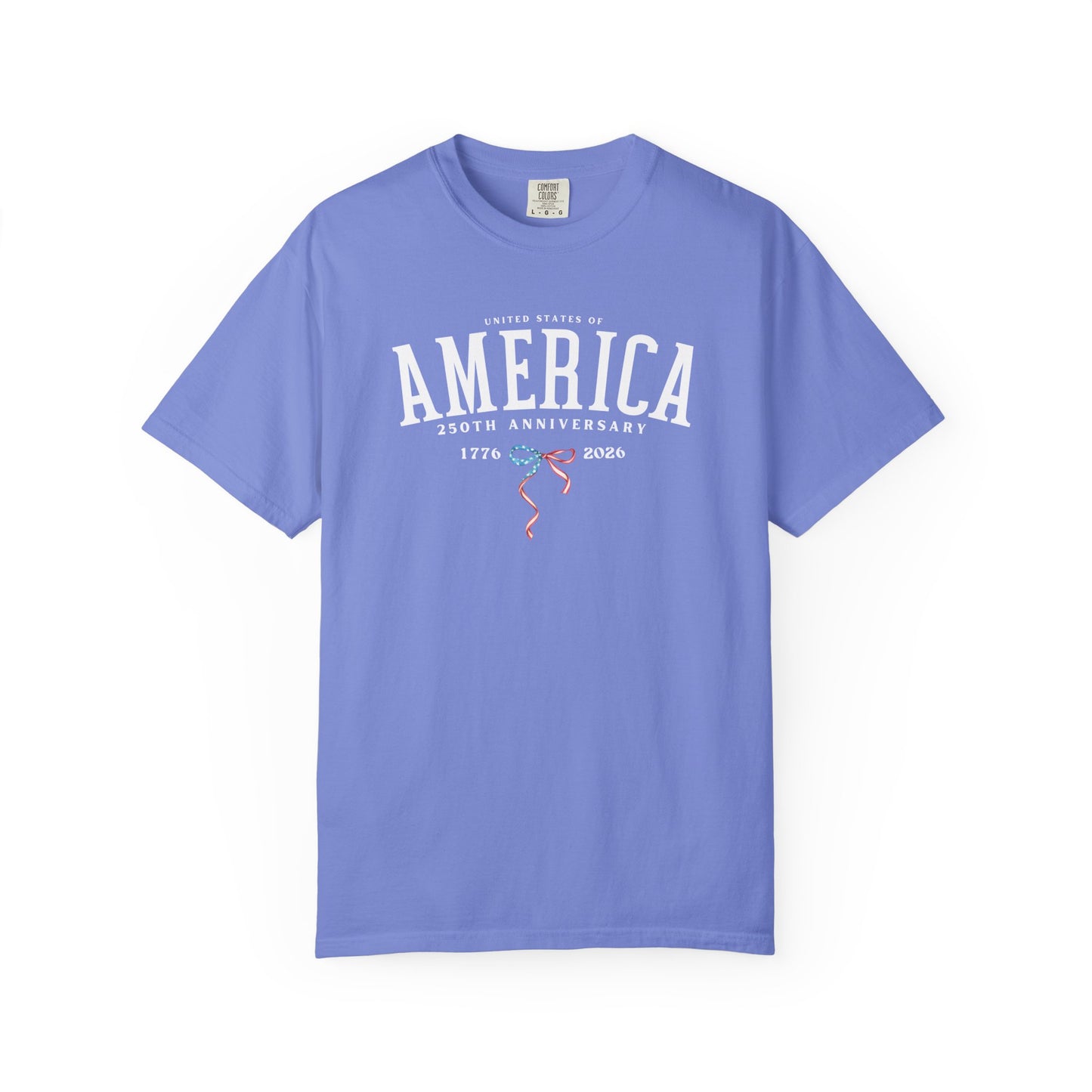 America 250th Anniversary T-Shirt in Flo Blue — vintage garment-dyed patriotic tee