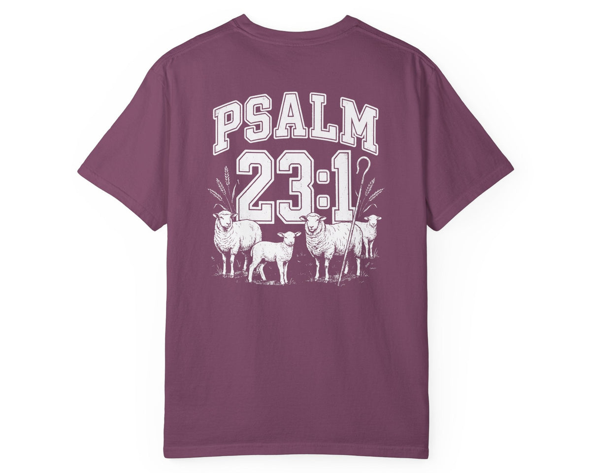 Berry Psalm 23:1 faith shirt with shepherd graphic design and scripture text shown on model