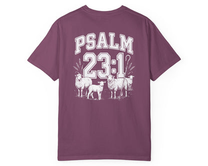 Berry Psalm 23:1 faith shirt with shepherd graphic design and scripture text shown on model