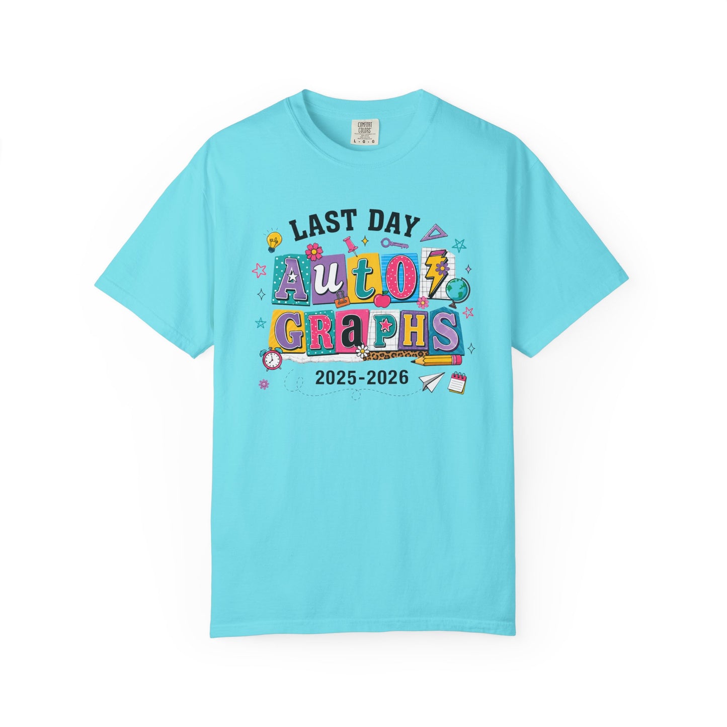 Lagoon blue t-shirt with 'Last Day Autographs 2025-2026' text on a white background