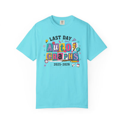 Lagoon blue t-shirt with 'Last Day Autographs 2025-2026' text on a white background
